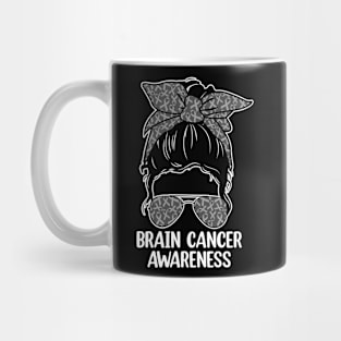 Brain Cancer Awareness Messy Bun Gray Ribbon Neurosurgery Mug